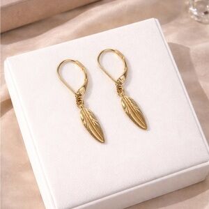 Gold Feather Dangle Earrings Leverback Boho Minimalist Lightweight